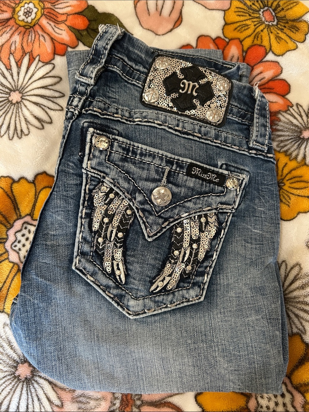 Miss Me Light Blue Boot Cut Jeans with Sequin Wing Back Pockets